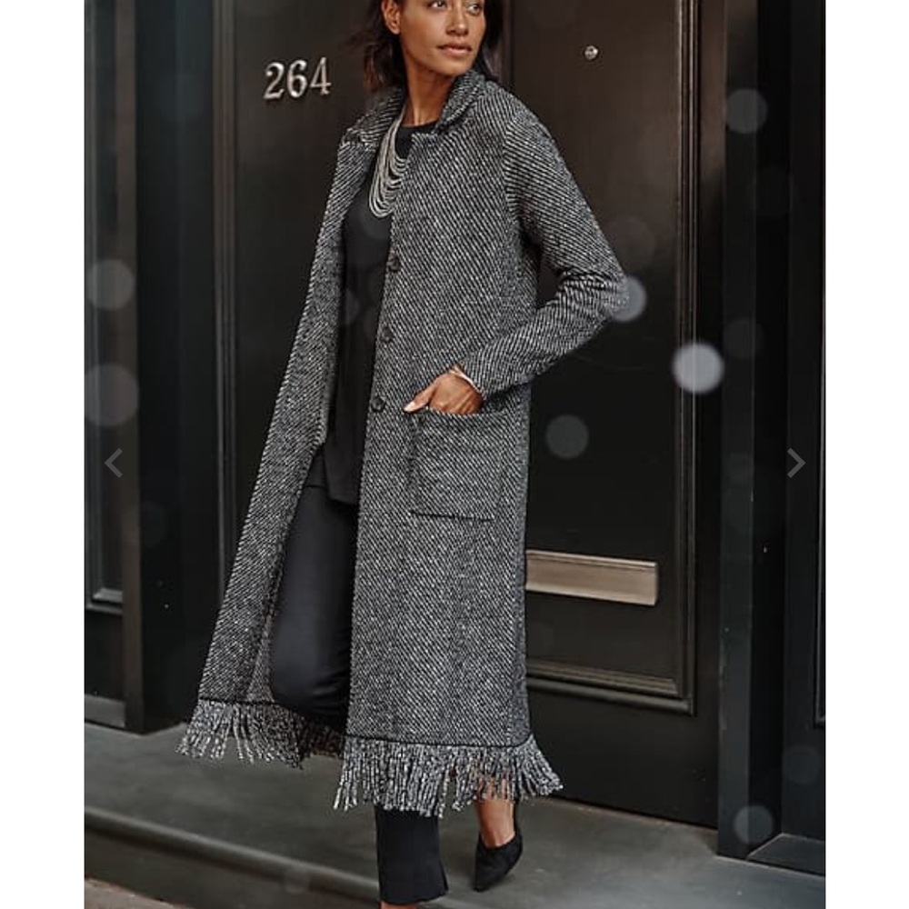 J. Jill wearever tweed fringe topper Black and White sweater medium tall